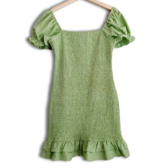 ENGLISH FACTORY / Smocked Ruffle Hem Puff Sleeve Mini Dress Green Sz M - Picture 10 of 14